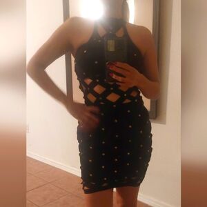 BEBE Y2K 90s black bandage lattice gold tone studded party dress S